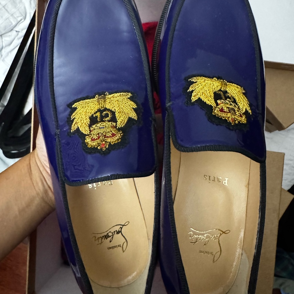 Christian Louboutin Blue Loafers with Gold Embroidery